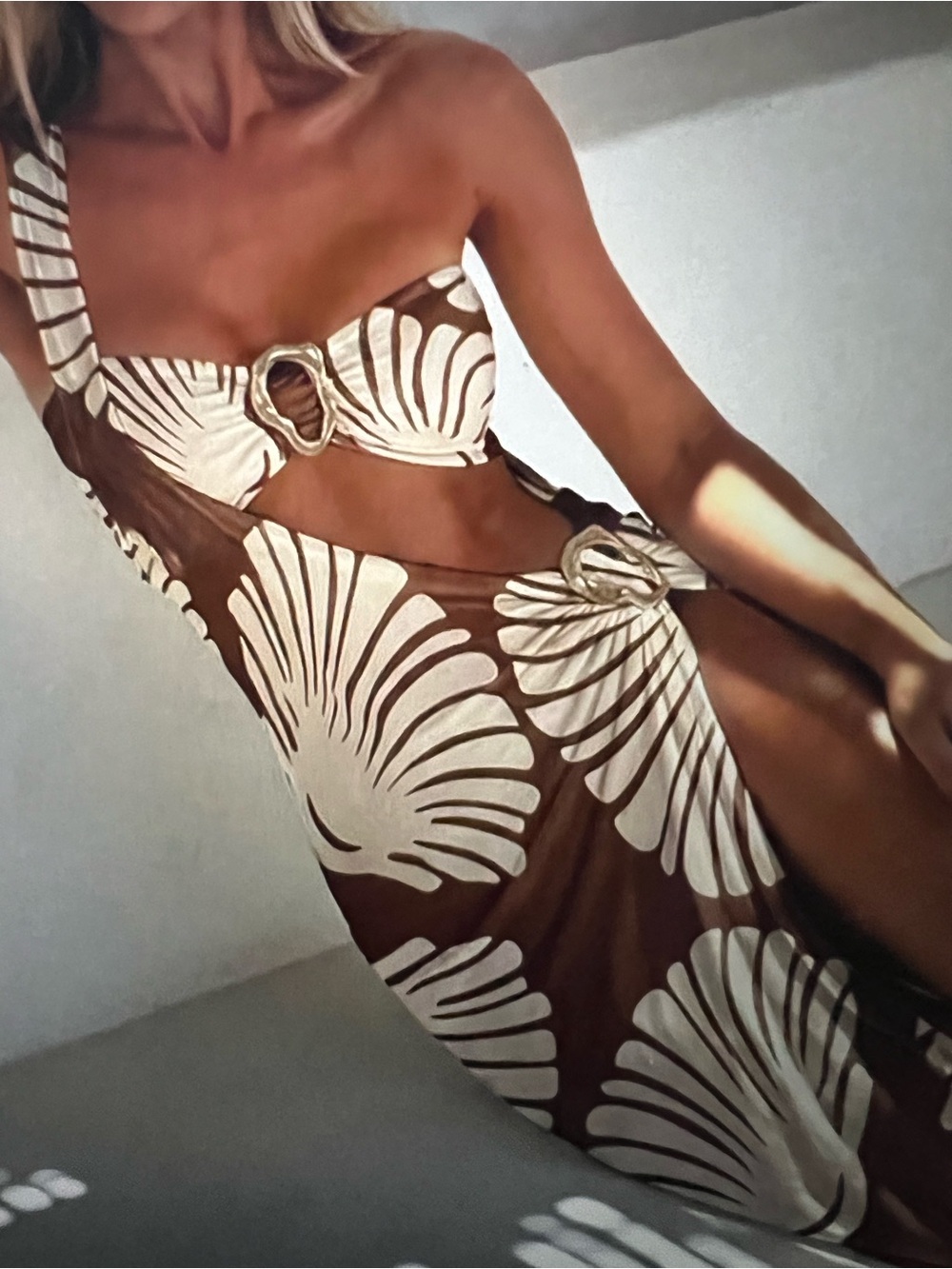 Brown & Cream One-Shoulder Cutout Swim Dress and bikini